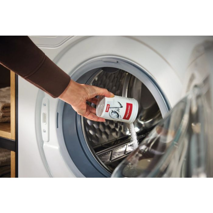 DishWasher and Washing Machine Cleaning Detergent Miele 11556870 in White showcased by Corbeil Appliances
