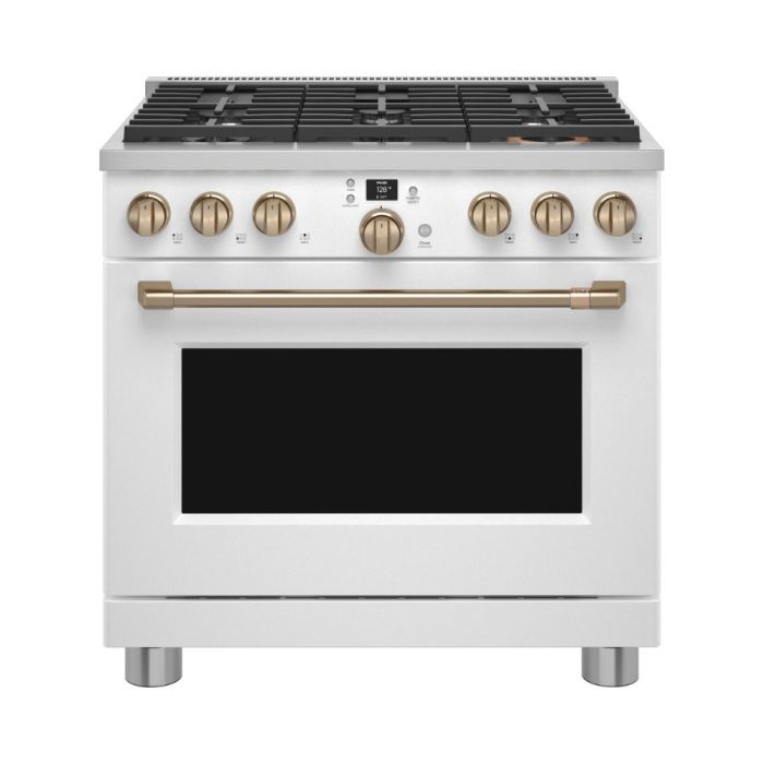 Cuisinière 39 Po. Gaz GE Café C2Y366P4TW2  Blanc 6 bruleurs     Capacité 5.75 pieds cubes 2700 Watts  largeur 39 pouces