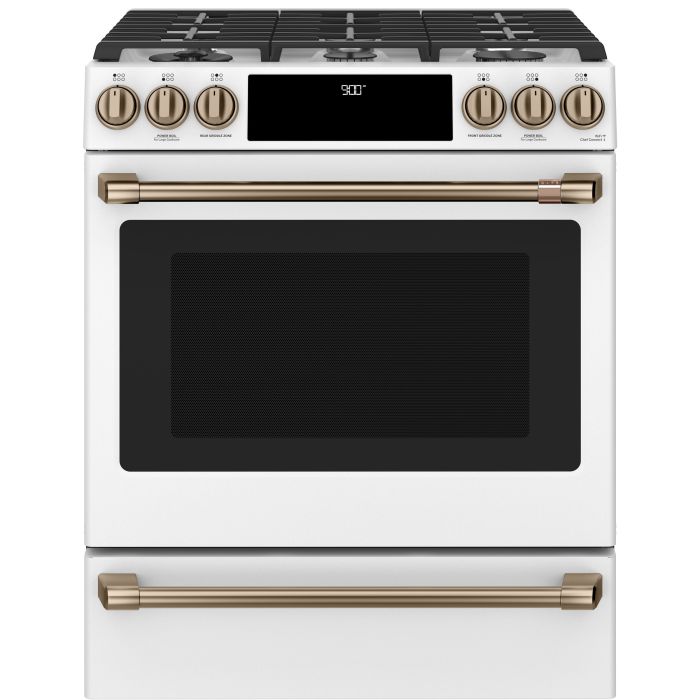 Cuisinière 30 Po. Gaz GE Café CC2S900P4MW2  Blanc 6 bruleurs     Capacité 5.7 pieds cubes 2850 Watts  largeur 30 pouces