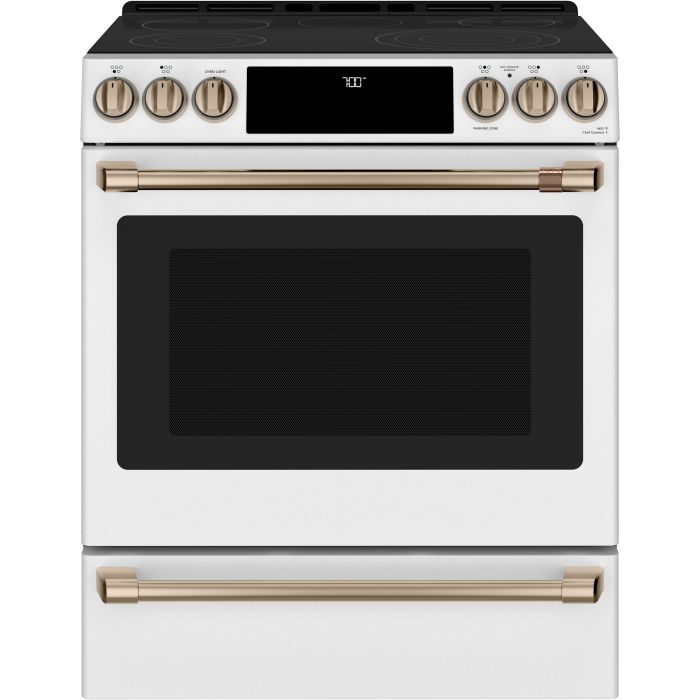 Cuisinière 30 Po. Vitrocéramique GE Café CCES700P4MW2  Blanc 5 bruleurs     Capacité 5.7 pieds cubes 2850 Watts  largeur 30 pouces