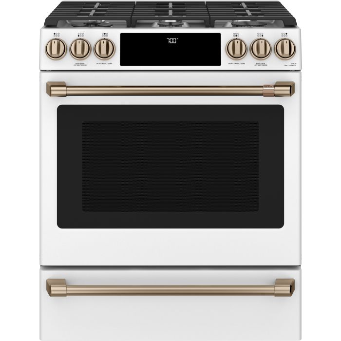 Cuisinière 30 Po. Gaz GE Café CCGS700P4MW2  Blanc 6 bruleurs     1200 Watts  largeur 30 pouces
