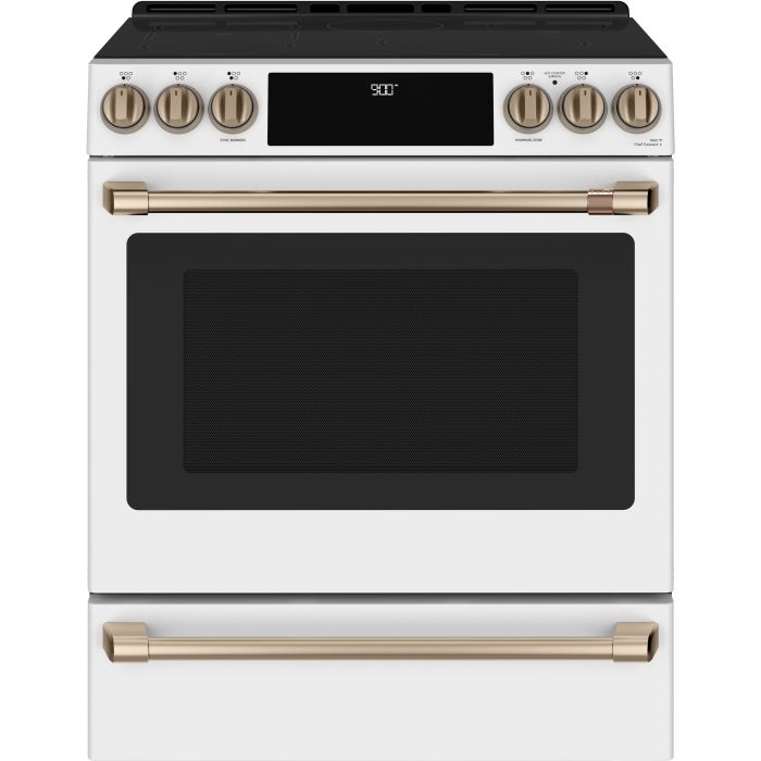 Cuisinière 30 Po. Induction GE Café CCHS900P4MW2  Blanc 5 bruleurs     Capacité 5.7 pieds cubes 2850 Watts  largeur 30 pouces