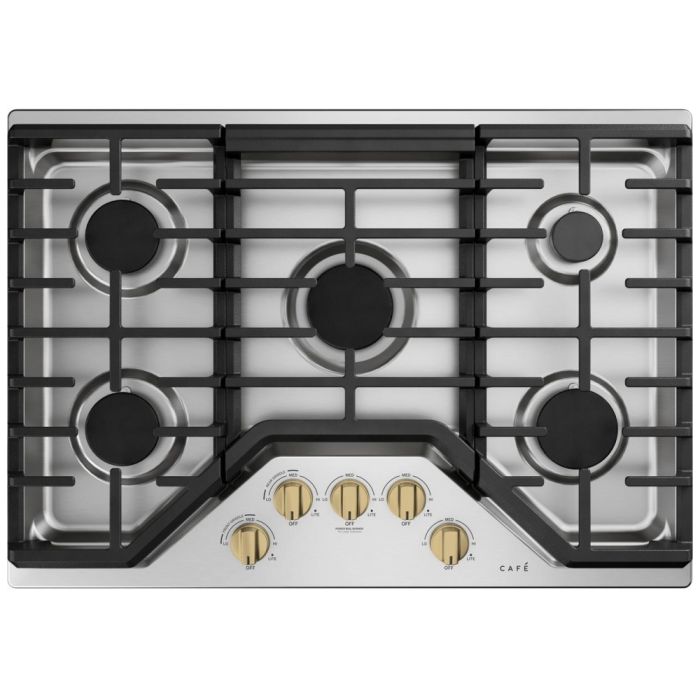 Boutons de plaque de cuisson à gaz CAFÉ CXCG1K0PMCG en Or présenté par Corbeil Electroménager