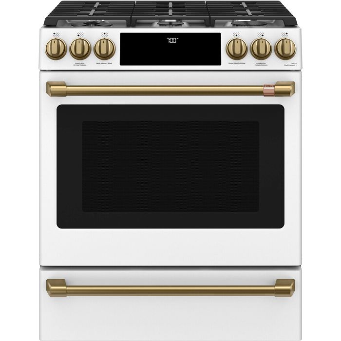 Range Knob and Handle Kit GE Café CXFCGHKPMCG in Gold showcased by Corbeil Appliances