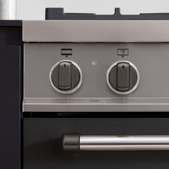 Dual Fuel Knob Décor Set, 12 Knobs, Master Series, Black Nickel , Bertazzoni DSMASDKSB in Black showcased by Corbeil Appliances