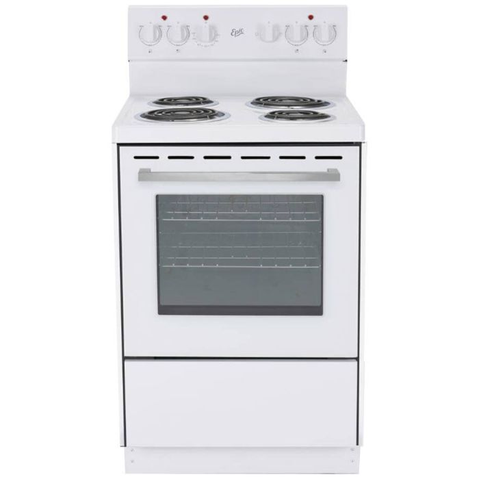 24 In. Coil Range Epic EER239W-2  White  4 Burners     Capacity 2.7 cubic feet  2000 W Watts  Width 24 inches