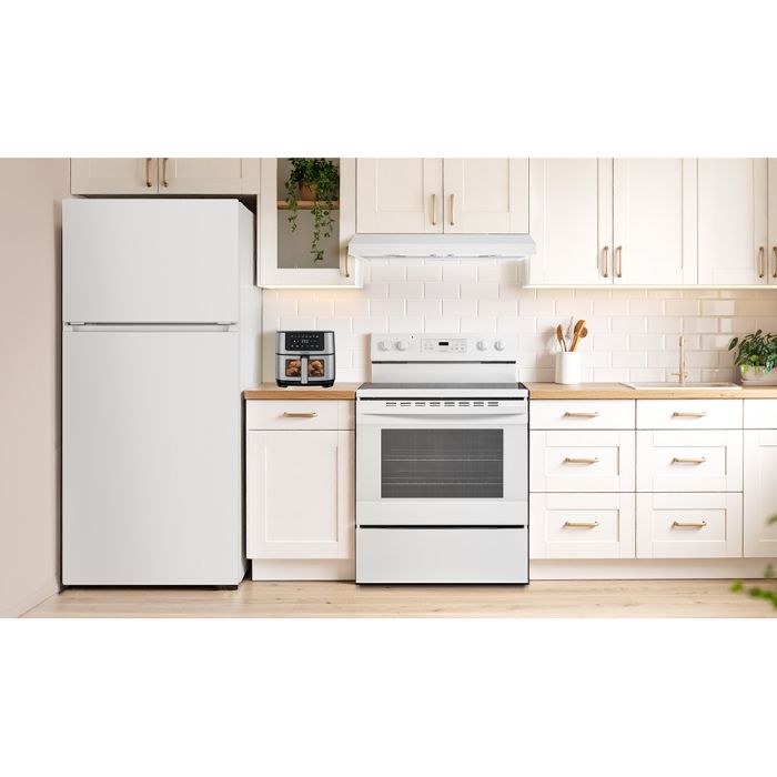 Cuisinière 30 Po. Vitrocéramique Ellipse ERHS306W  Blanc 4 bruleurs     Capacité 5.2 pieds cubes 3 000 W Watts  largeur 30 pouces