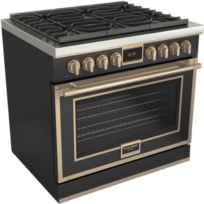 36 In. Gas Range Fulgor Milano F4EDF366BR1-BK  Black  6 Burners     Capacity 5.2 cubic feet  3,000 W Watts  Width 36 inches