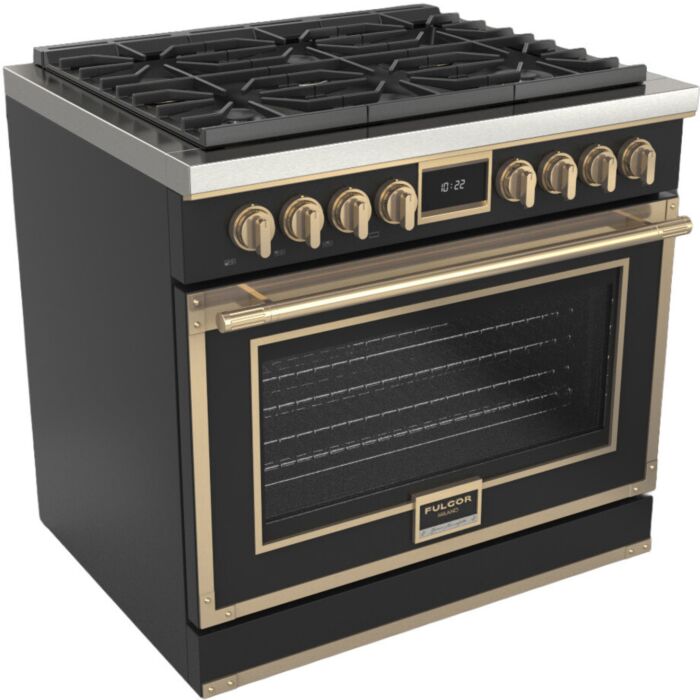 36 In. Gas Range Fulgor Milano F4EDF366BR1-MB  Black  6 Burners     Capacity 5.2 cubic feet  3,000 W Watts  Width 36 inches