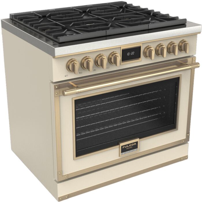 36 In. Gas Range Fulgor Milano F4EDF366BR1-MI  Ivory  6 Burners     Capacity 5.2 cubic feet  3,000 W Watts  Width 36 inches