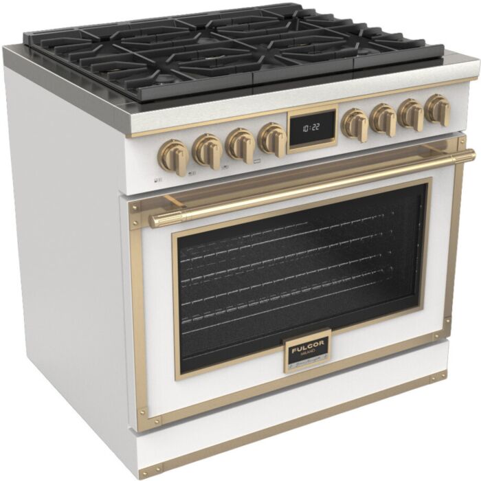 36 In. Gas Range Fulgor Milano F4EDF366BR1-MW  White  6 Burners     Capacity 5.2 cubic feet  3,000 W Watts  Width 36 inches