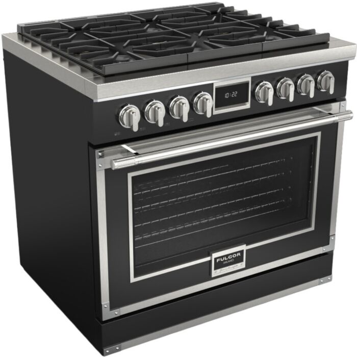 36 In. Gas Range Fulgor Milano F4EDF366CS1-BK  Black  6 Burners     Capacity 5.2 cubic feet  3,000 W Watts  Width 36 inches