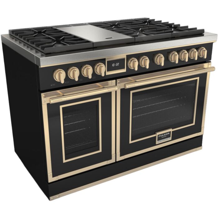 48 In. Gas Range Fulgor Milano F4EDF486GBR1-BK  Black  6 Burners     Capacity 4.34 cubic feet  1,400 + 600 W Watts  Width 48 inches