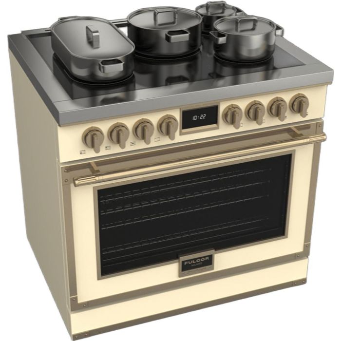 36 In. Induction Range Fulgor Milano F4EIR365BR1-IV  Cream  5 Burners     Capacity 5.2 cubic feet   Width 36 inches