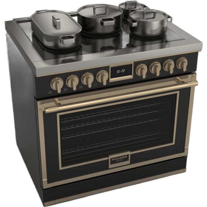 Cuisinière 36 Po. Induction Fulgor Milano F4EIR365BR1-MB  Noir 5 bruleurs     Capacité 5.2 pieds cubes   largeur 36 pouces