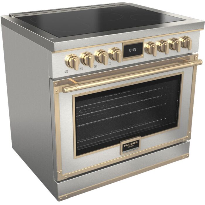 36 In. Induction Range Fulgor Milano F4EIR365BR1-SS  Stainless  5 Burners     Capacity 5.2 cubic feet  1400 + 600 W Watts  Width 36 inches