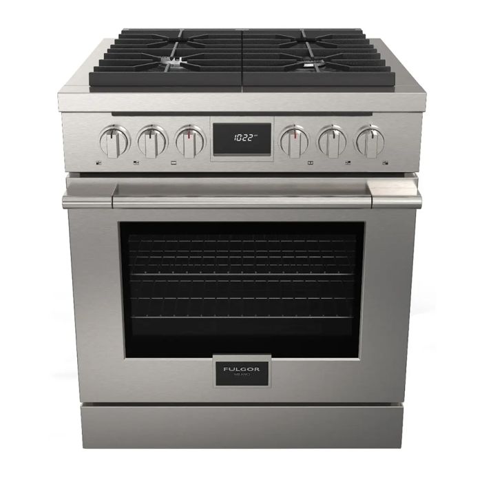 Cuisinière 30 Po. Gaz Fulgor Milano F4PDF304S1  Inox 4 bruleurs     Capacité 4.4 pieds cubes 3000 Watts  largeur 30 pouces