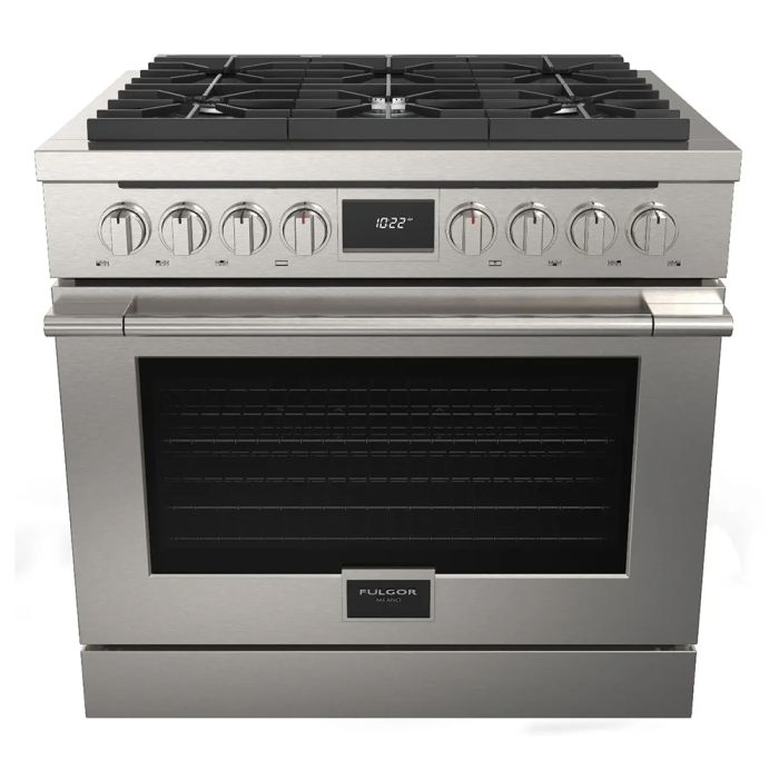 36 In. Gas Range Fulgor Milano F4PDF366S1  Stainless  6 Burners     Capacity 5.7 cubic feet  3000 Watts  Width 36 inches