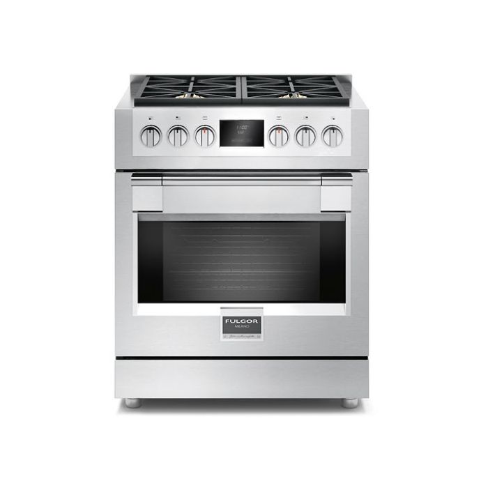 Cuisinière 30 Po. Gaz Fulgor Milano F6PGR304S2  Inox 4 bruleurs     Capacité 4.4 pieds cubes 14000 (BTU/h) - 4102W Watts  largeur 30 pouces