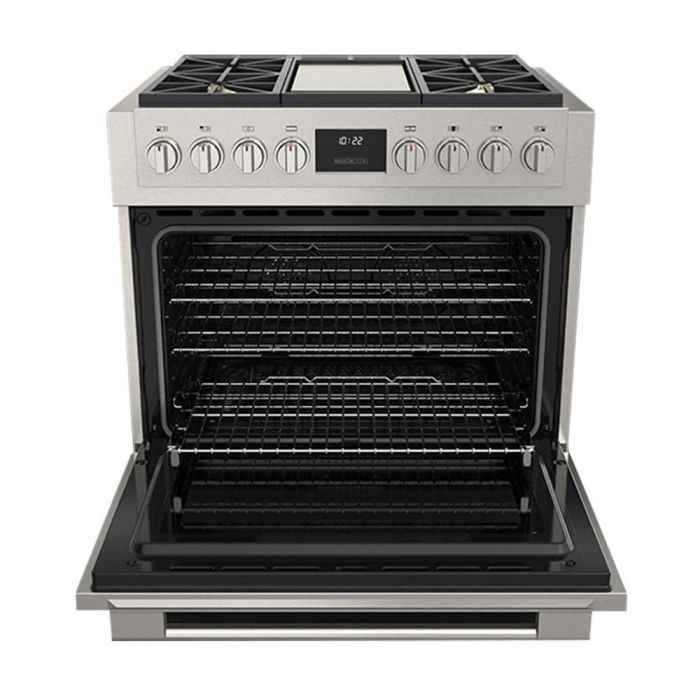 36 In. Gas Range Fulgor Milano F6PGR364GS2  Stainless  4 Burners     Capacity 5.2 cubic feet  21500 (BTU/h) / 6300W Watts  Width 36 inches