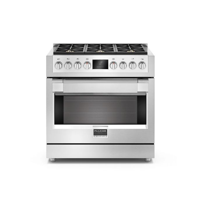 Cuisinière 36 Po. Gaz Fulgor Milano F6PGR366S2  Inox 6 bruleurs     Capacité 5.7 pieds cubes 18000 (BTU/h) - 5300W Watts  largeur 36 pouces