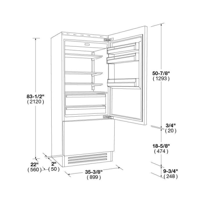 Refrigérateur Fulgor Milano F7IBM36O2-R Panneau Requis Congélateur en bas / tiroir largeur 36 pouces Capacité 18.5 pieds cubes