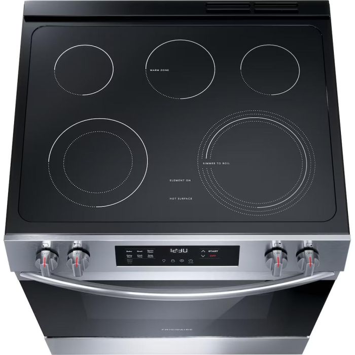 30 In. Ceramic Glass Range Frigidaire FCFE306CAS  Stainless  5 Burners     Capacity 5.3 cubic feet  2500 Watts  Width 30 inches