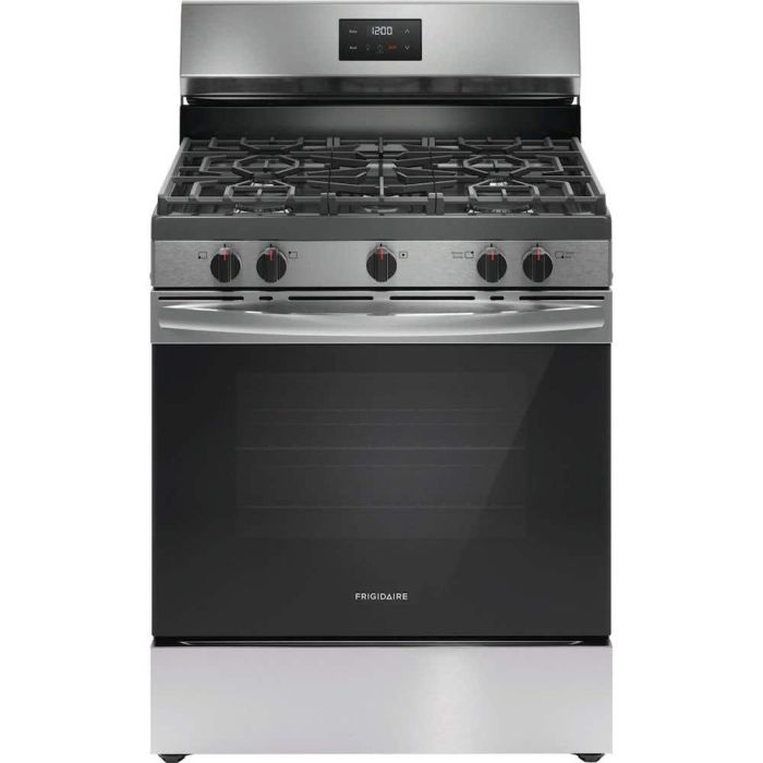 30 In. Gas Range Frigidaire FCRG3052BS  Stainless  5 Burners     Capacity 5.1 cubic feet  17000 BTU Watts  Width 30 inches