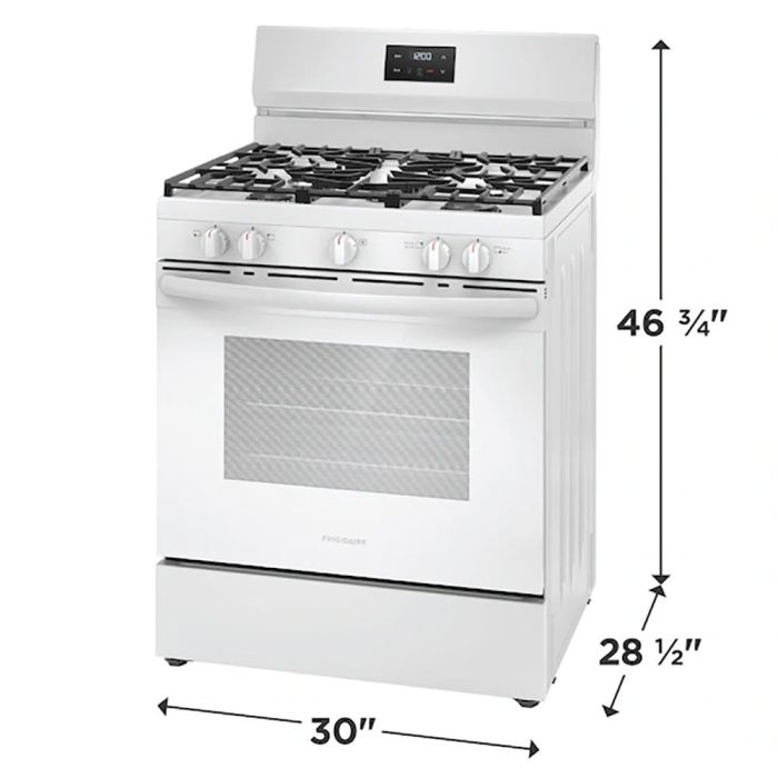 Cuisinière 30 Po. Gaz Frigidaire FCRG3052BW  Blanc 5 bruleurs     Capacité 5.1 pieds cubes 17000 BTU Watts  largeur 30 pouces