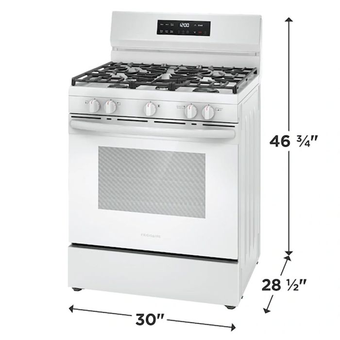 Cuisinière 30 Po. Gaz Frigidaire FCRG3062AW  Blanc 5 bruleurs     Capacité 5.1 pieds cubes 17000 BTU Watts  largeur 30 pouces