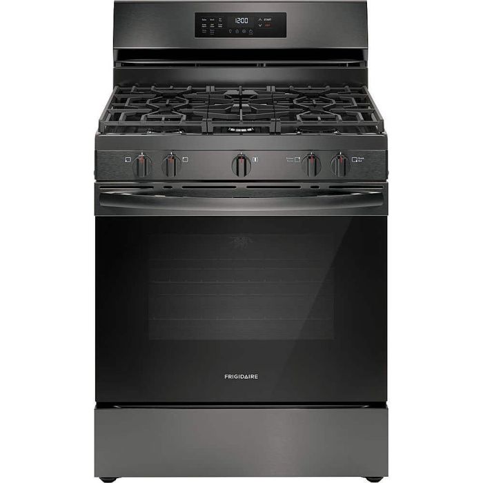 30 In. Gas Range Frigidaire FCRG3083AD  Black Stainless   5 Burners     Capacity 5.1 cubic feet  17000BTU Watts  Width 30 inches