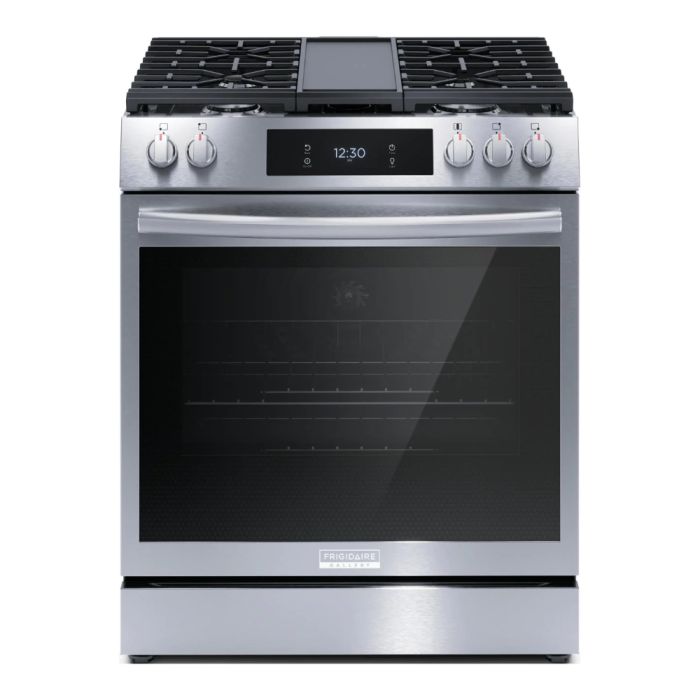 Cuisinière 30 Po. Gaz Frigidaire Gallery GCFG3060BF  Inox 5 bruleurs     Capacité 6 pieds cubes 18000 BTU Watts  largeur 30 pouces