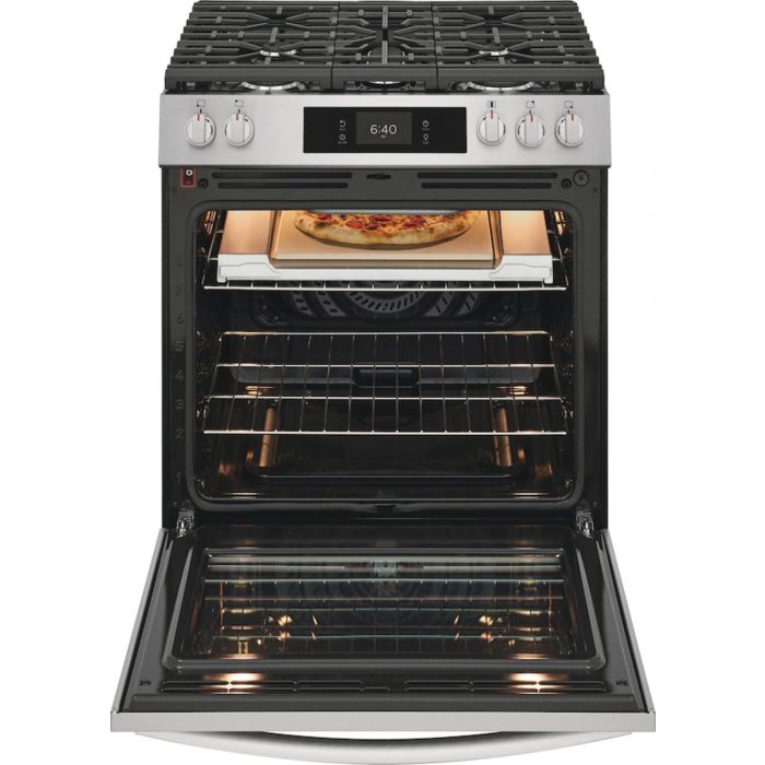 30 In. Gas Range Frigidaire Gallery GCFG3070BF  Stainless  5 Burners     Capacity 6 cubic feet  18,000 Watts  Width 30 inches