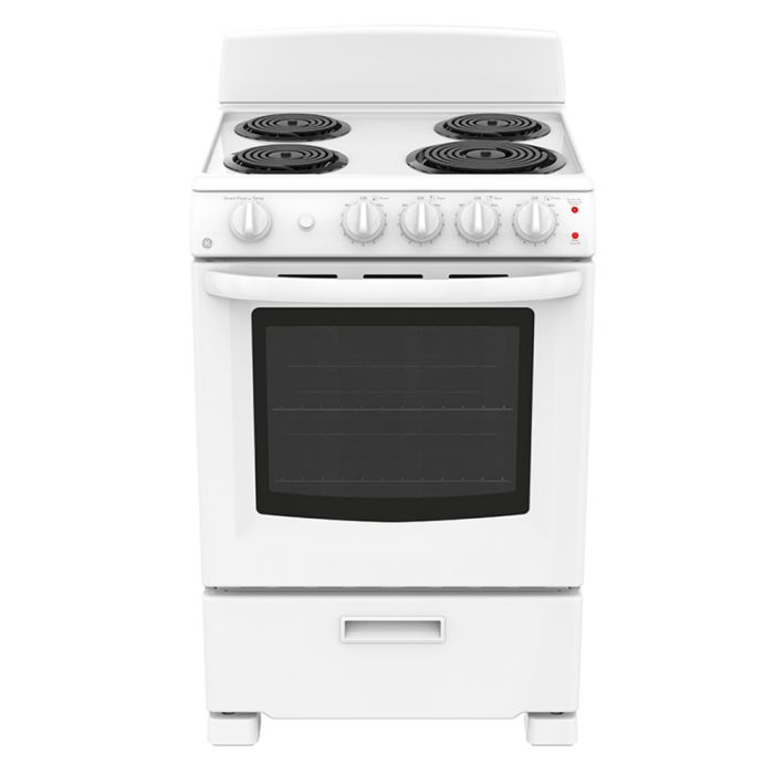 24 In. Coil Range GE JCAS300DMWW  White  4 Burners     Capacity 2.9 cubic feet  2000 Watts  Width 24 inches