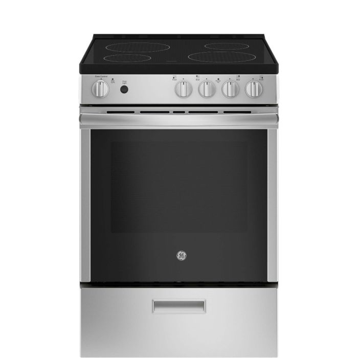 Cuisinière 24 Po. Vitrocéramique GE JCAS640RMSS  Inox 4 bruleurs     Capacité 2.9 pieds cubes 2700 Watts  largeur 24 pouces
