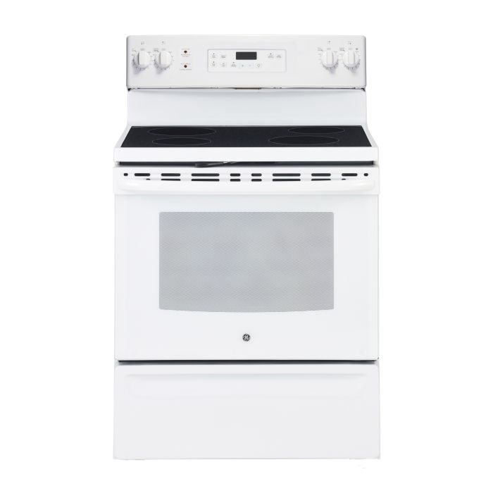 30 In. Ceramic Glass Range GE JCB630DKWW  White  4 Burners     Capacity 5 cubic feet  2585 Watts  Width 30 inches