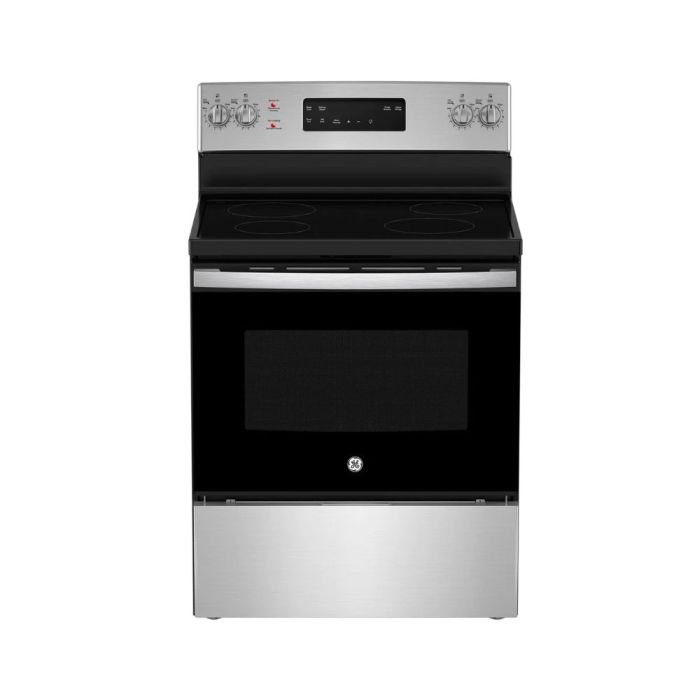 30 In. Ceramic Glass Range GE JCB630SVSS  Stainless  4 Burners     Capacity 5 cubic feet  2850 W Watts  Width 30 inches