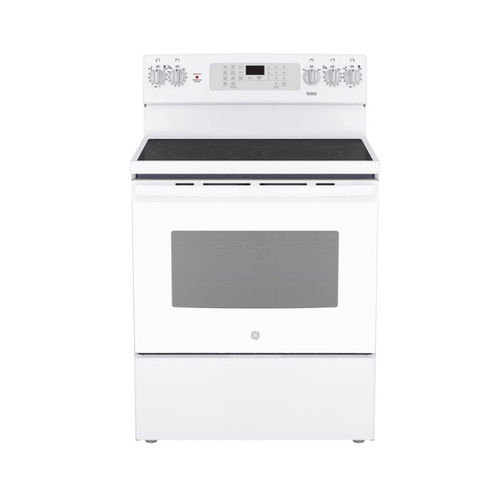 30 In. Ceramic Glass Range GE JCB840DVWW  White  5 Burners     Capacity 5 cubic feet  2850 W Watts  Width 30 inches