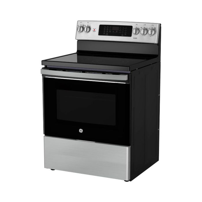 30 In. Ceramic Glass Range GE JCB840STSS  Stainless  4 Burners     Capacity 5 cubic feet  2850 Watts  Width 30 inches