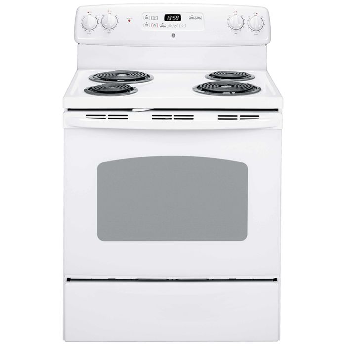 30 In. Coil Range GE JCBP240DMWW  White  4 Burners     Capacity 5 cubic feet  3410 Watts  Width 30 inches