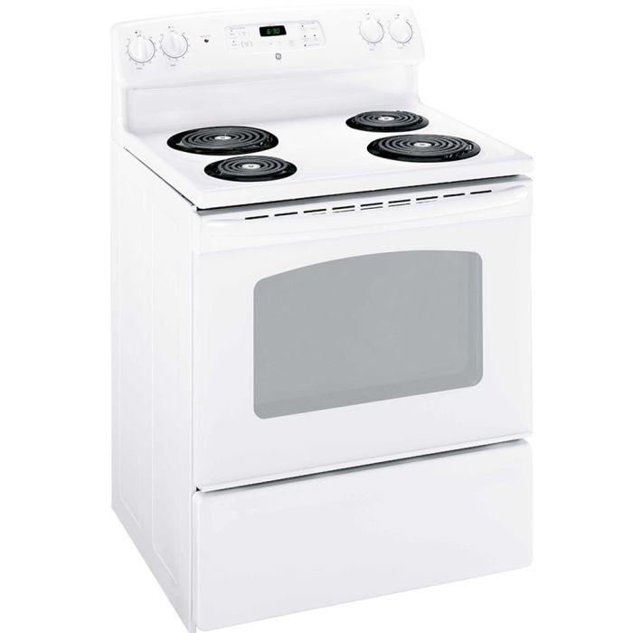 30 In. Coil Range GE JCBS280DMWW  White  4 Burners     Capacity 5 cubic feet  2585 Watts  Width 30 inches