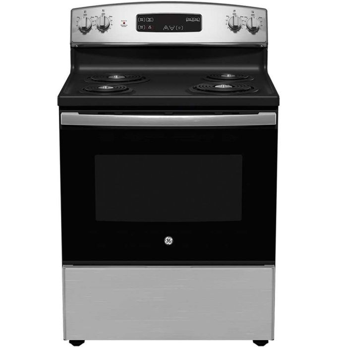 30 In. Coil Range GE JCBS350SVSS  Stainless  4 Burners     Capacity 5 cubic feet  2585W Watts  Width 30 inches
