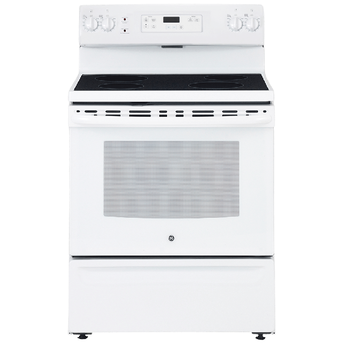 Cuisinière 30 Po. Vitrocéramique GE JCBS630DKWW  Blanc 4 bruleurs     Capacité 5 pieds cubes 2585 Watts  largeur 30 pouces