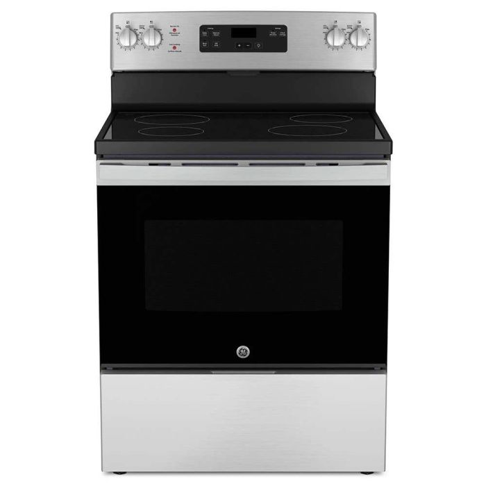 Cuisinière 30 Po. Vitrocéramique GE JCBS630SVSS  Inox 5 bruleurs     Capacité 5 pieds cubes 2850W Watts  largeur 30 pouces