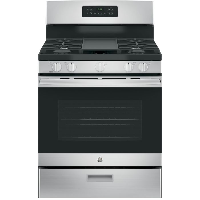 30 In. Range GE JCGBS66SEKSS  Stainless  5 Burners     Capacity 5 cubic feet   Width 30 inches