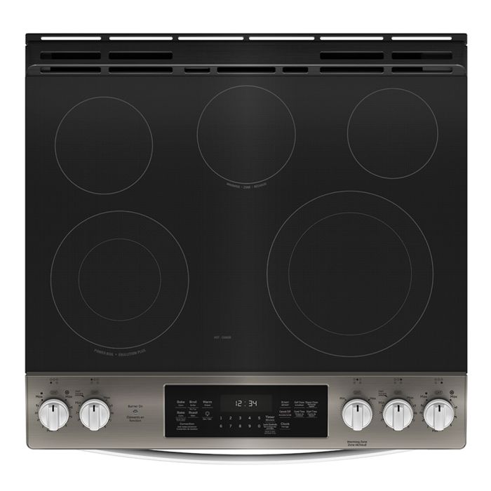 Cuisinière 30 Po. Vitrocéramique GE JCS840EMES  Ardoise 5 bruleurs     Capacité 5.3 pieds cubes 2850 Watts  largeur 30 pouces