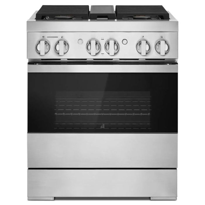 Cuisinière 30 Po. Gaz JennAir JDRP430HM  Inox 4 bruleurs     Capacité 4.1 pieds cubes 3000 Watts  largeur 30 pouces