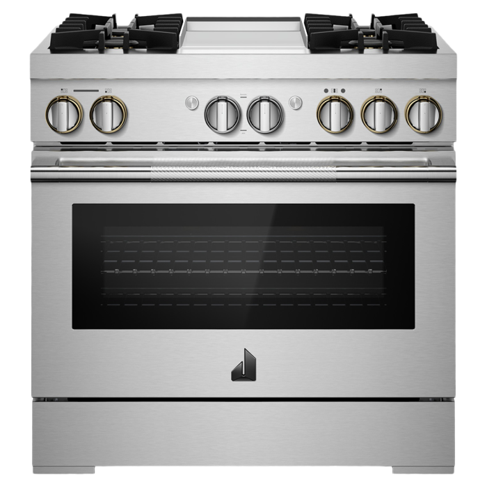 Cuisinière 36 Po. Gaz JennAir JDRP536HL  Inox 4 bruleurs     Capacité 5.1 pieds cubes 3000 Watts  largeur 36 pouces