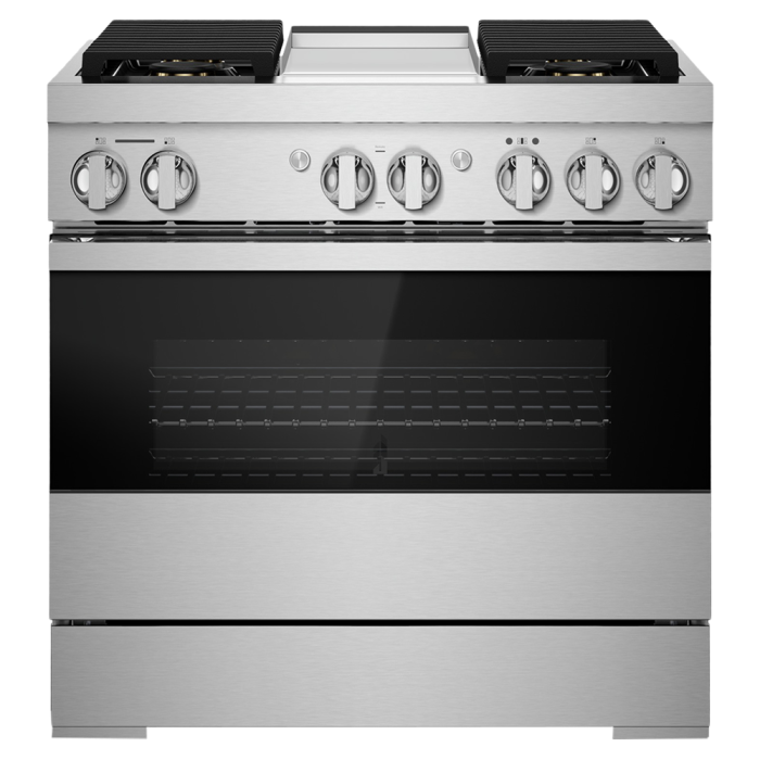 Cuisinière 36 Po. Gaz JennAir JDRP536HM  Inox 4 bruleurs     Capacité 5.1 pieds cubes 3000 Watts  largeur 36 pouces