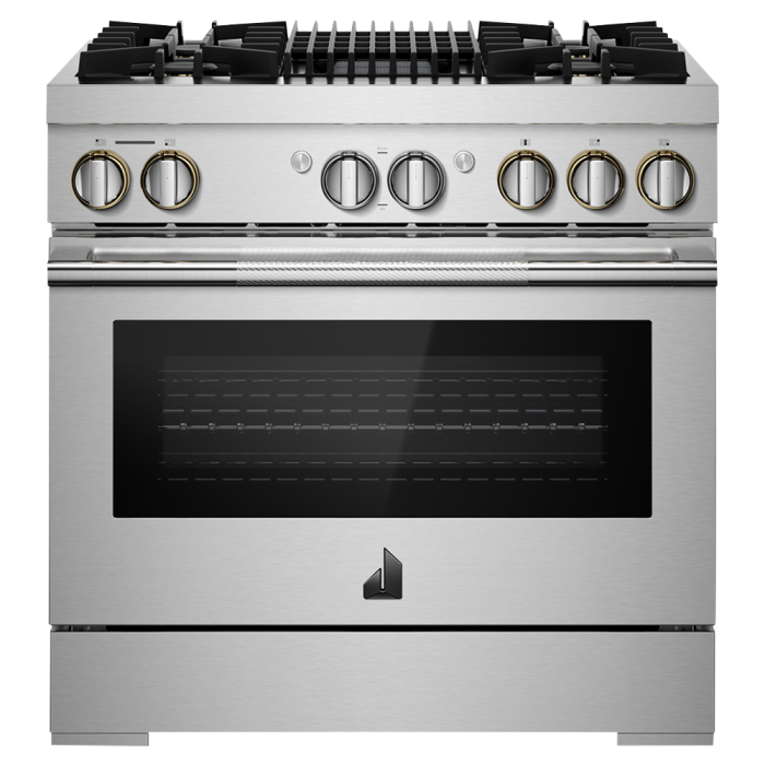 Cuisinière 36 Po. Gaz JennAir JDRP636HL  Inox 4 bruleurs     Capacité 5.1 pieds cubes 3000 Watts  largeur 36 pouces